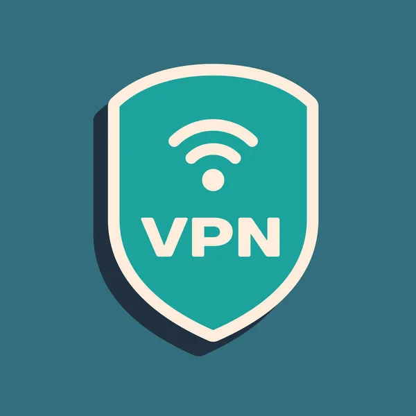 青い背景に隔離されたVpnと無線LAN無線インターネットネットワークシンボルアイコンと緑のシールド。VPNは安全コンセプトを保護します。長いシャドウ スタイル。ベクトルイラストレーション — ストックベクタ