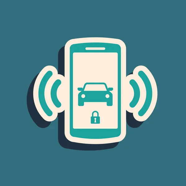 Icono del sistema de alarma Green Smart coche aislado sobre fondo azul. El teléfono inteligente controla la seguridad del coche en el inalámbrico. Estilo de sombra larga. Ilustración vectorial — Archivo Imágenes Vectoriales