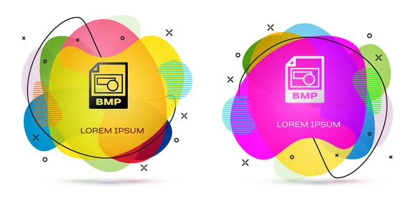 색상 Bmp 파일 문서입니다. 흰색 배경에 격리 된 BMP 버튼 아이콘을 다운로드합니다. Bmp 파일 기호입니다. 액체 모양의 추상 배너입니다. 벡터 일러스트레이션 — 스톡 벡터