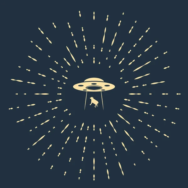 Beige UFO abducts cow icon isolated on dark blue background. Flying saucer. Alien space ship. Futuristic unknown flying object. Abstract circle random dots. Vector Illustration — Stock Vector