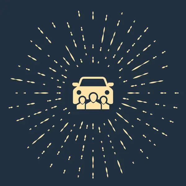 Μπεζ αυτοκίνητο μοιράζονται με την ομάδα των ανθρώπων εικονίδιο απομονωθεί σε σκούρο μπλε φόντο. Πινακίδα της καρκάρης. Σχέδιο υπηρεσίας μίσθωσης μεταφορών. Αφηρημένο κύκλος τυχαίες τελείες. Απεικόνιση διανυσματικών φορέων — Διανυσματικό Αρχείο