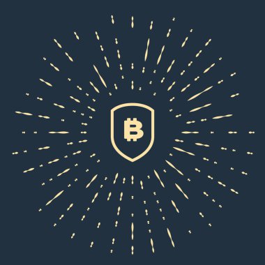 Bej Shield, koyu mavi arka planda izole edilmiş bitcoin simgesine sahip. Kripto para madenciliği, blockchain teknolojisi, güvenlik, koruma, dijital para. Soyut daire rasgele nokta. Vektör İllüstrasyonu