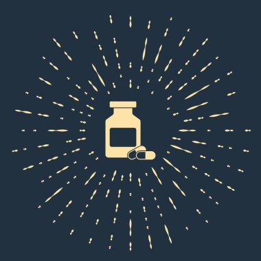 Bej Tıp şişe ve hap simgesi koyu mavi arka plan izole. Şişe hapı işareti. Eczane tasarımı. Soyut daire rasgele nokta. Vektör İllüstrasyonu