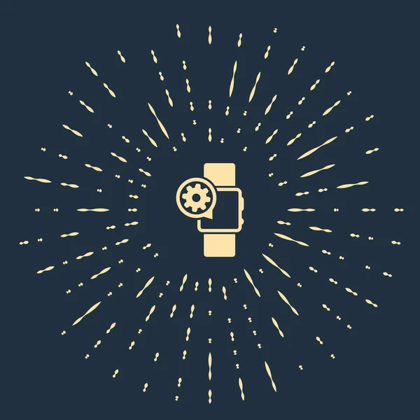 Montre intelligente beige et icône d'engrenage isolés sur fond bleu foncé. Réglage app, concept de service, options de réglage, entretien, réparation, réparation. Cercle abstrait points aléatoires. Illustration vectorielle — Image vectorielle