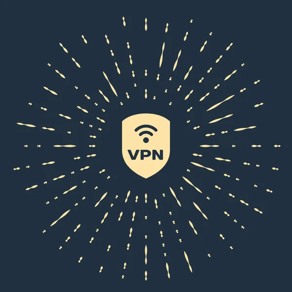 Vpnと無線LAN無線インターネットネットワークシンボルアイコンとベージュシールドは、濃い青色の背景に隔離されています。VPNは安全コンセプトを保護します。抽象的な円ランダムドット。ベクトルイラストレーション — ストックベクタ