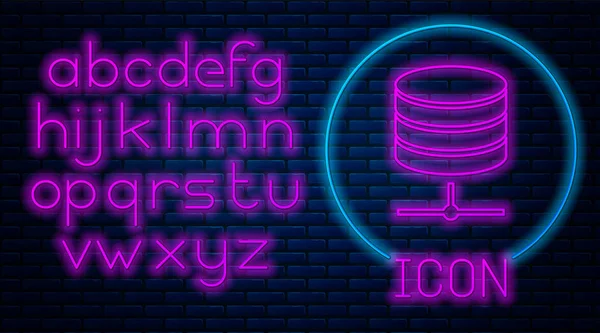 Parlayan neon sunucusu, Data, Web sunucu simgesi tuğla duvar arka planında izole edildi. Neon ışıklı alfabe. Vektör İllüstrasyonu — Stok Vektör