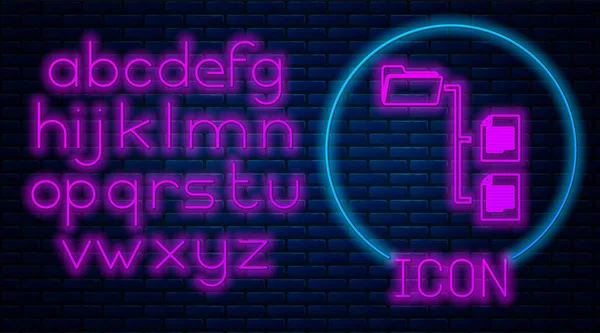 Glowing neon Folder tree icon isolated on brick wall background. Computer network file folder organization structure flowchart. Neon light alphabet. Vector Illustration — Stock Vector