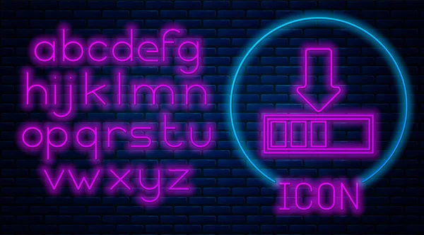 Glowing neon Loading icon isolated on brick wall background. Download in progress. Progress bar icon. Neon light alphabet. Vector Illustration — Stock Vector