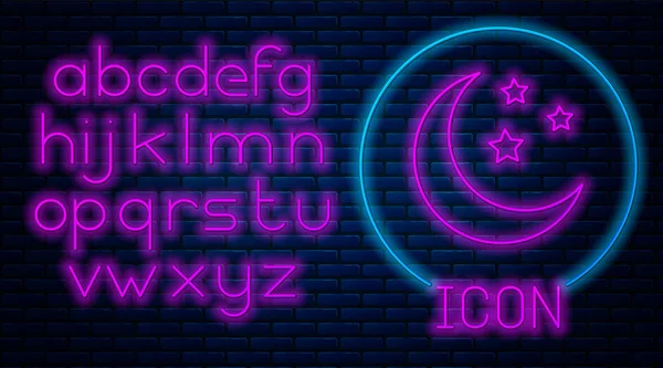 Gloeiende neon maan en sterren pictogram geïsoleerd op bakstenen muur achtergrond. Neon licht alfabet. Vector illustratie — Stockvector