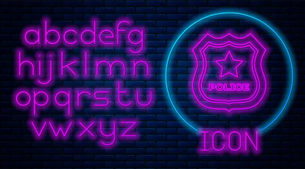 Leuchtende neonfarbene Polizeiabzeichen isoliert auf Backsteinmauer Hintergrund. Schilder des Sheriffs. Neonlicht-Alphabet. Vektorillustration — Stockvektor