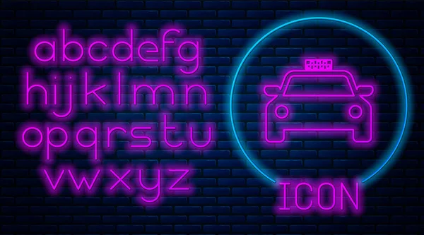 Gloeiende neon taxi auto pictogram geïsoleerd op bakstenen muur achtergrond. Neon licht alfabet. Vector illustratie — Stockvector