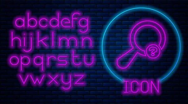 Glowing neon Unknown search icon isolated on brick wall background. Magnifying glass and question mark. Neon light alphabet. Vector Illustration — Stock Vector