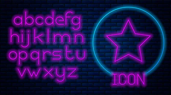 Świecąca ikona Neon Star izolowane na tle muru ceglanego. Ulubiony, Najlepszy ranking, symbol nagrody. Neon światła alfabetu. Ilustracja wektorowa — Wektor stockowy