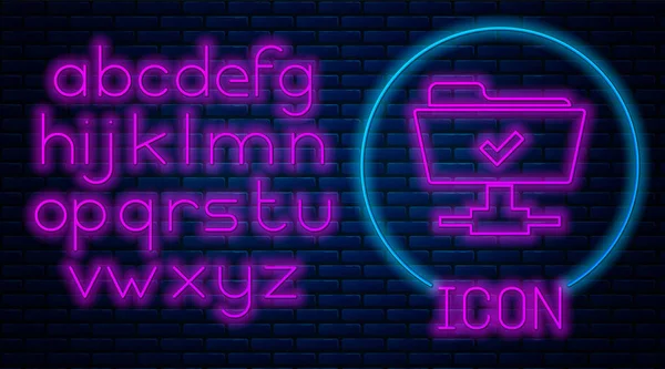 Glödande Neon FTP operation framgångsrik ikon isolerad på tegelvägg bakgrund. Programuppdatering, överföringsprotokoll, teamwork verktygshantering, kopieringsprocessen. Neonljus alfabetet. Vektor illustration — Stock vektor