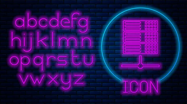 Ragyogó neon szerver, Data, Web Hosting ikon elszigetelt téglafal háttér. Neonfény ábécé. Vektorillusztráció — Stock Vector