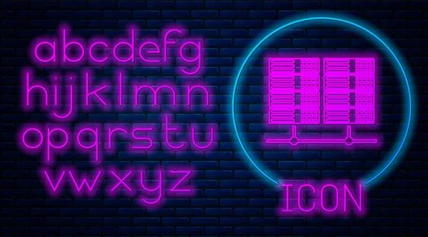 Gloeiende neon Server, Data, Web Hosting pictogram geïsoleerd op baksteen muur achtergrond. Neon licht alfabet. Vector Illustratie — Stockvector