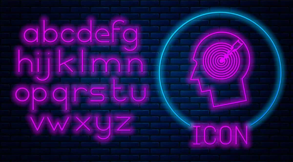 Glödande Neon Head jakt koncept ikon isolerad på tegelvägg bakgrund. Affärsmål eller anställnings tecken. Personal och rekrytering för företag. Neonljus alfabetet. Vektor illustration — Stock vektor