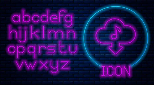 Glowing neon Cloud download music icon isolated on brick wall background. Music streaming service, sound cloud computing, online media streaming, audio wave. Neon light alphabet. Vector Illustration — Stock Vector