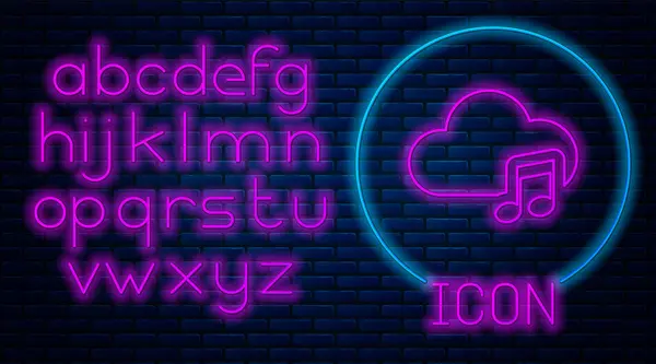 Gloeiende neon muziek streaming service pictogram geïsoleerd op bakstenen muur achtergrond. Sound Cloud Computing, online mediastreaming, online lied, audio Wave. Neon licht alfabet. Vector illustratie — Stockvector