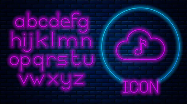 Glowing neon Music streaming service icon isolated on brick wall background. Sound cloud computing, online media streaming, online song, audio wave. Neon light alphabet. Vector Illustration — Stock Vector