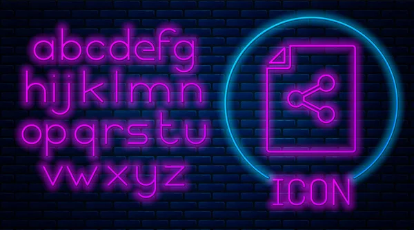 Gloeiende neon aandeel bestandspictogram geïsoleerd op bakstenen muur achtergrond. Bestanden delen. Bestandsoverdracht teken. Neon licht alfabet. Vector illustratie — Stockvector