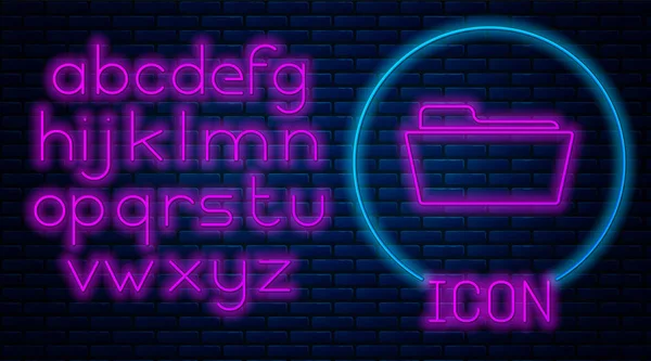 Gloeiende neon map pictogram geïsoleerd op bakstenen muur achtergrond. Neon licht alfabet. Vector illustratie — Stockvector