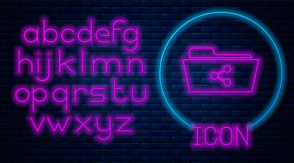 Leuchtende Neon-Freigabeordner-Symbol isoliert auf Backsteinwand Hintergrund. Ordnerfreigabe. Ordner-Überweisungszeichen. Neonlicht-Alphabet. Vektorillustration — Stockvektor