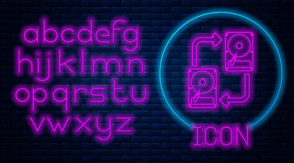 Glowing neon A fixed data storage device hard disk with arrows, data copy icon isolated on brick wall background. Data exchange with hard disk drive. Neon light alphabet. Vector Illustration — Stock Vector