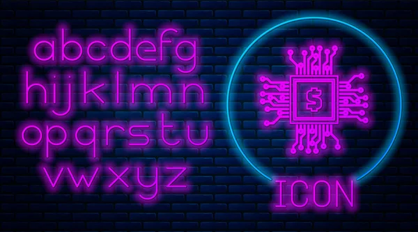 Gloeiende neon processor chip met dollar pictogram geïsoleerd op bakstenen muur achtergrond. CPU, centrale verwerkingseenheid, microchip, micro circuit, computer processor. Neon licht alfabet. Vector illustratie — Stockvector