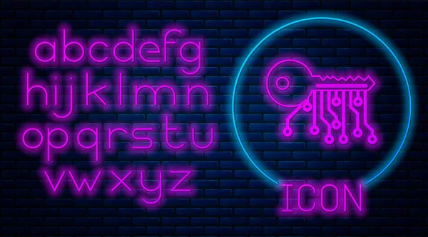 Glowing neon Cryptocurrency key icon isolated on brick wall background. Concept of cyber security or private key, digital key with technology interface. Neon light alphabet. Vector Illustration — Stock Vector