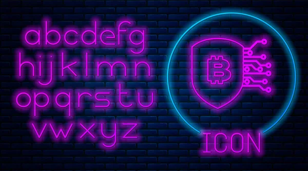 Glowing neon Shield with bitcoin icon isolated on brick wall background. Cryptocurrency mining, blockchain technology, security, protect, digital money. Neon light alphabet. Vector Illustration — Stock Vector