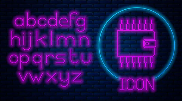 Leuchtendes neonfarbenes Kryptowährungs-Wallet-Symbol isoliert auf Ziegelwand-Hintergrund. Brieftasche und Bitcoin-Zeichen. Bergbaukonzept. Geld, Bezahlung, Bargeld, Bezahlsymbol. Neonlicht-Alphabet. Vektorillustration — Stockvektor