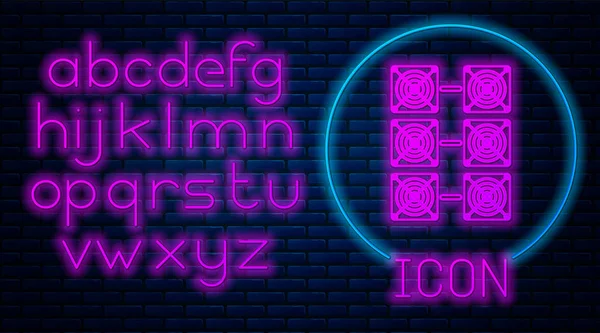Glowing neon Mining farm icon on brick wall background. Cryptocurrency mining, blockchain technology, bitcoin, digital money market, cryptocoin wallet. Neon light alphabet. Vector Illustration — Stock Vector