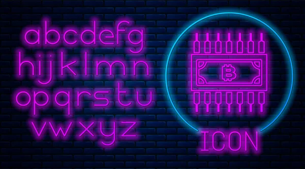 Leuchtende Neon-Kryptowährung Bitcoin im Kreis mit Mikrochip-Schaltkreis-Symbol isoliert auf Backsteinwand Hintergrund. Blockchain-Technologie, digitaler Geldmarkt. Neonlicht-Alphabet. Vektorillustration — Stockvektor