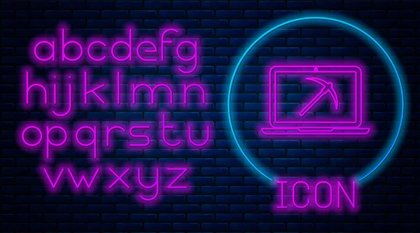 Świecące Neon koncepcja górnictwa z laptopem i ikona kilof izolowane na tle muru ceglanego. Technologia Blockchain, wydobycie kryptowalut, cyfrowy rynek pieniężnego. Neon światła alfabetu. Ilustracja wektorowa — Wektor stockowy