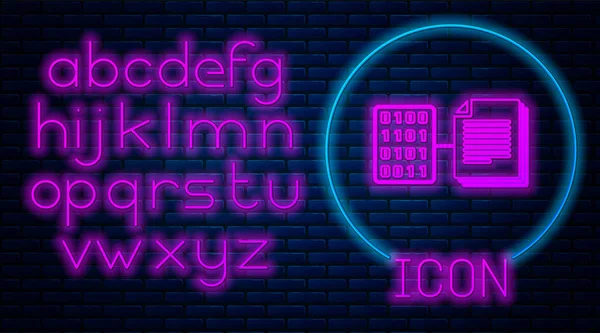 Gloeiende neon slimme contract pictogram geïsoleerd op bakstenen muur achtergrond. Blockchain-technologie, cryptogeld mijnbouw, bitcoin, altcoins, digitale geldmarkt. Neon licht alfabet. Vector illustratie — Stockvector