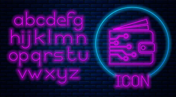 Leuchtendes neonfarbenes Kryptowährungs-Wallet-Symbol isoliert auf Ziegelwand-Hintergrund. Brieftasche und Bitcoin-Zeichen. Bergbaukonzept. Geld, Bezahlung, Bargeld, Bezahlsymbol. Neonlicht-Alphabet. Vektorillustration — Stockvektor