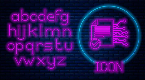 Светящийся неоновый значок Smart контракта изолирован на фоне кирпичной стены. Технология блокчейн, криптовалютная добыча, биткойн, альткоины, рынок цифровых денег. Неоновый легкий алфавит. Векторная миграция — стоковый вектор