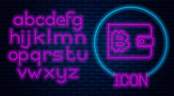Tuğla duvar arka planda izole parlayan neon Cryptocurrency cüzdan simgesi. Cüzdan ve bitcoin işareti. Madencilik konsepti. Para, ödeme, nakit, ödeme simgesi. Neon ışık alfabesi. Vektör İllüstrasyonu — Stok Vektör