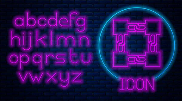 Gloeiende neon blockchaintechnologie pictogram geïsoleerd op bakstenen muur achtergrond. Cryptocurrency-gegevens. Abstracte geometrische blockchainnetwerk technologie Business. Neon licht alfabet. Vector illustratie — Stockvector