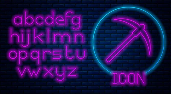 Gloeiende neon pickaxe pictogram geïsoleerd op bakstenen muur achtergrond. Blockchain-technologie, cryptogeld mijnbouw, bitcoin, digitale geldmarkt, cryptocoin wallet. Neon licht alfabet. Vector illustratie — Stockvector