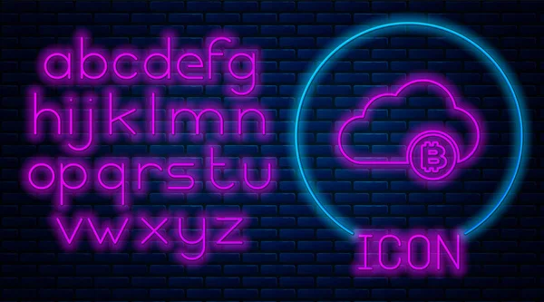 Glowing neon Cryptocurrency cloud mining icon isolated on brick wall background. Blockchain technology, bitcoin, digital money market, cryptocoin wallet. Neon light alphabet. Vector Illustration — Stock Vector
