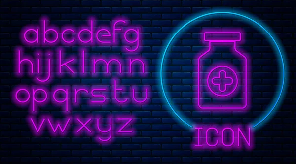 Gloeiende neon geneeskunde fles pictogram geïsoleerd op bakstenen muur achtergrond. Fles pil teken. Apotheek ontwerp. Neon licht alfabet. Vector illustratie — Stockvector