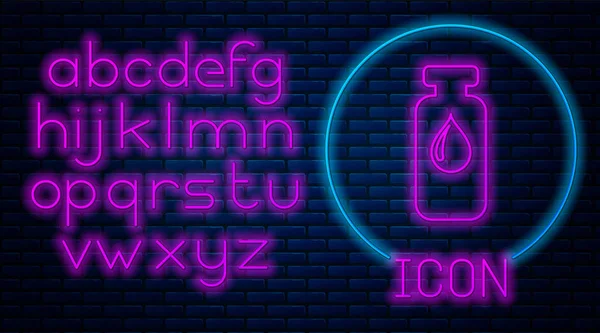 Glowing neon Medical vial, ampoule, bottle icon isolated on brick wall background. Vaccination, injection, vaccine healthcare concept. Neon light alphabet. Vector Illustration — Stock Vector