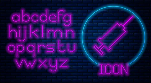 Leuchtende Neon Spritze Symbol isoliert auf Backsteinwand Hintergrund. Spritze für Impfstoff, Impfung, Injektion, Grippeimpfung. Medizinische Geräte. Neonlicht-Alphabet. Vektorillustration — Stockvektor