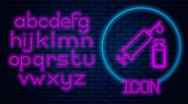 Leuchtende Neon medizinische Spritze mit Nadel und Fläschchen oder Ampulle Symbol isoliert auf Backsteinwand Hintergrund. Impfung, Injektion, Impfstoff, Insulinkonzept. Neonlicht-Alphabet. Vektorillustration — Stockvektor