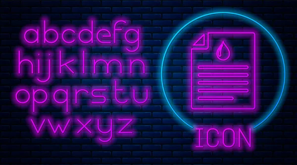 Glowing neon Medical clipboard with blood test results icon isolated on brick wall background. Clinical record, prescription, medical check marks report. Neon light alphabet. Vector Illustration — Stock Vector