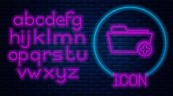 Leuchtende neon Krankenakte Ordner für Gesundheitswesen Symbol isoliert auf Ziegelwand Hintergrund. Patientenakte. medizinhistorisches Symbol. Neonlicht-Alphabet. Vektorillustration — Stockvektor