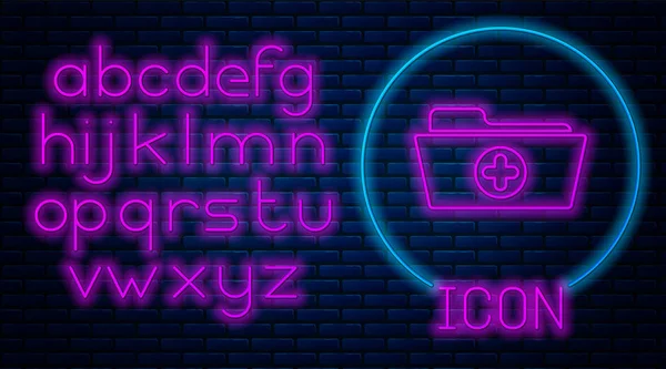 Świecące Neon medycznych folder rekord zdrowia dla ikony opieki zdrowotnej na białym tle na ścianie cegły. Ikona pliku pacjenta. Symbol historii medycznej. Neon światła alfabetu. Ilustracja wektorowa — Wektor stockowy