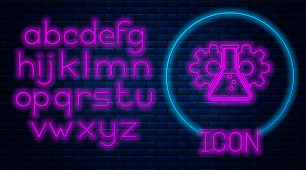 Gloeiende neon Bioengineering pictogram geïsoleerd op bakstenen muur achtergrond. Element van genetica en biotechniek icoon. Biologie, molecuul, chemisch icoon. Neon licht alfabet. Vector illustratie — Stockvector